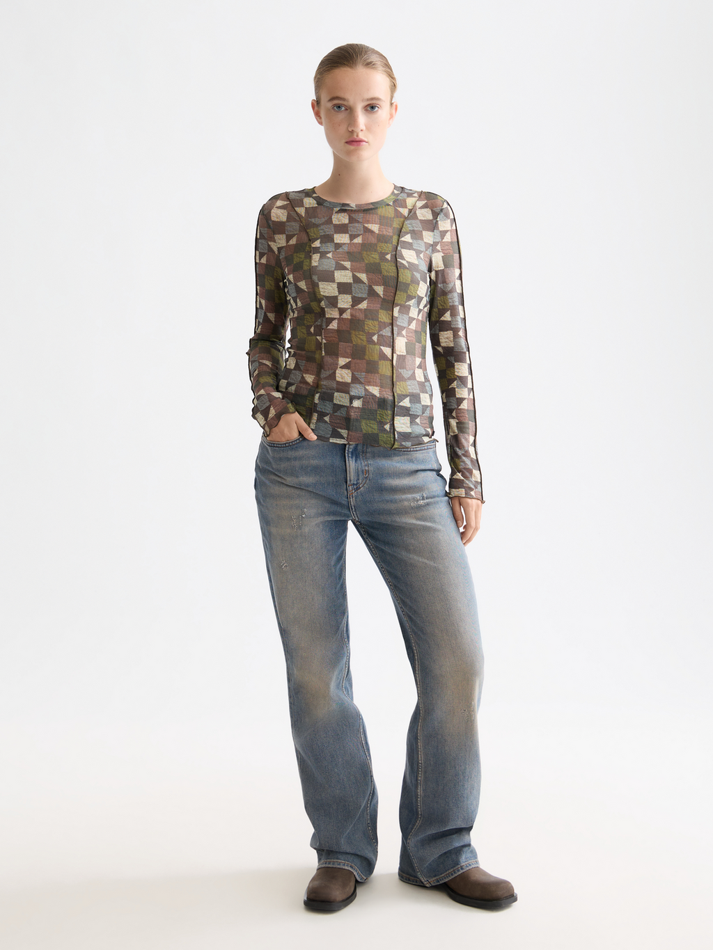 Print mesh long sleeve top