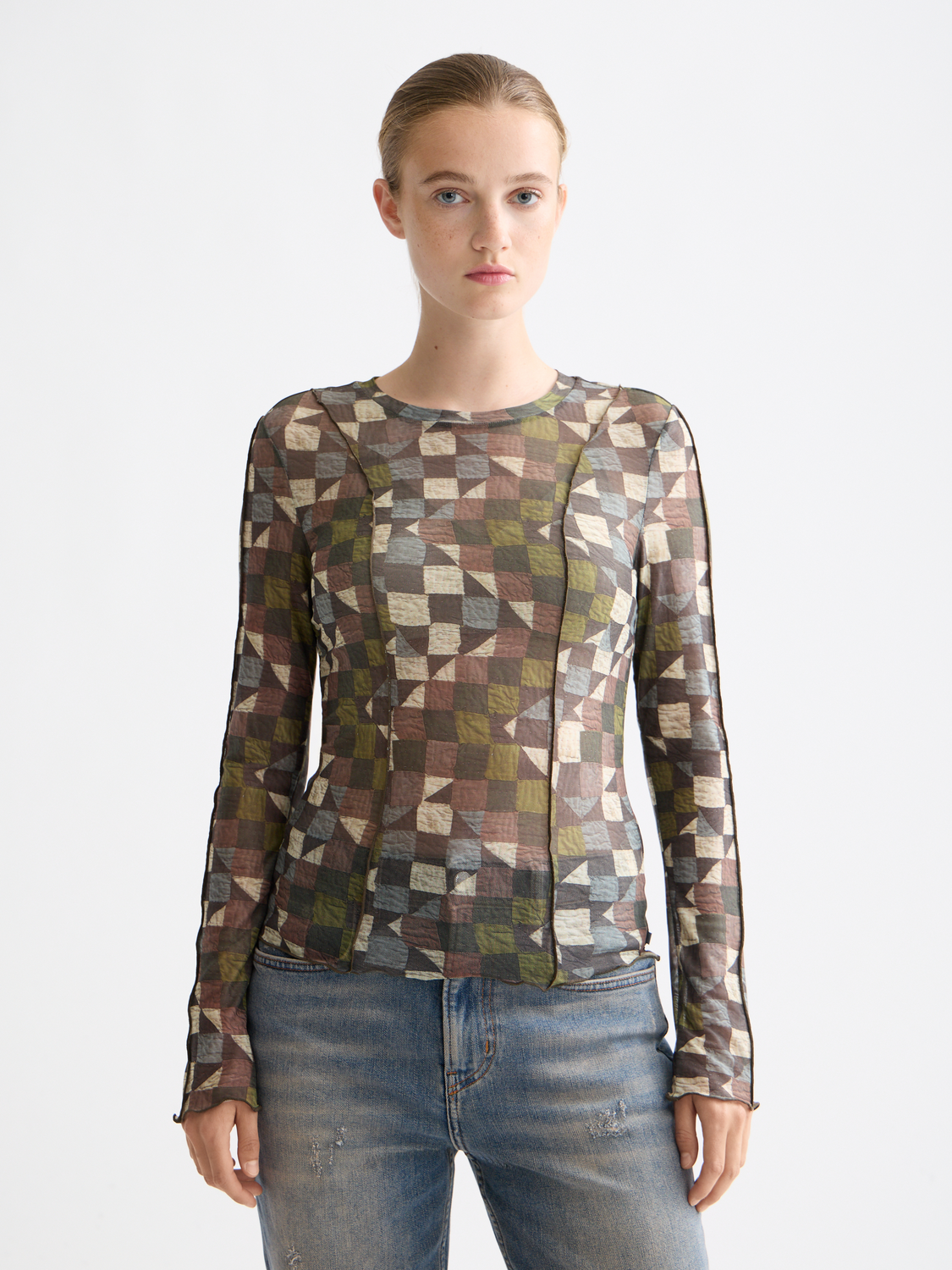 Print mesh long sleeve top