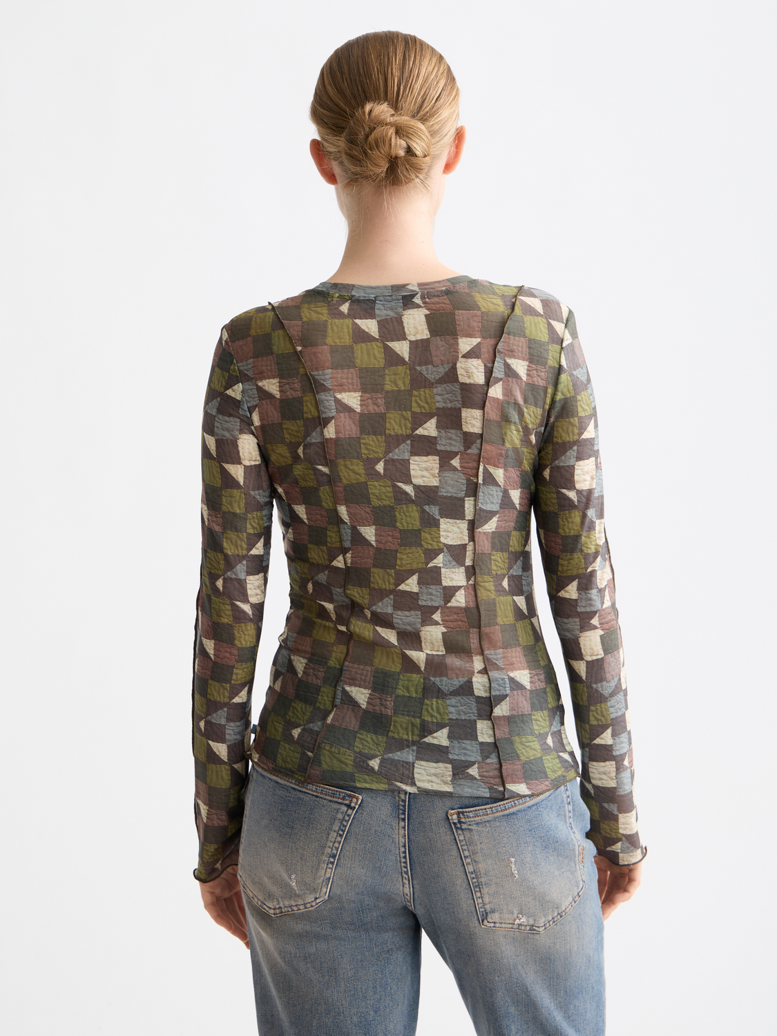 Print mesh long sleeve top