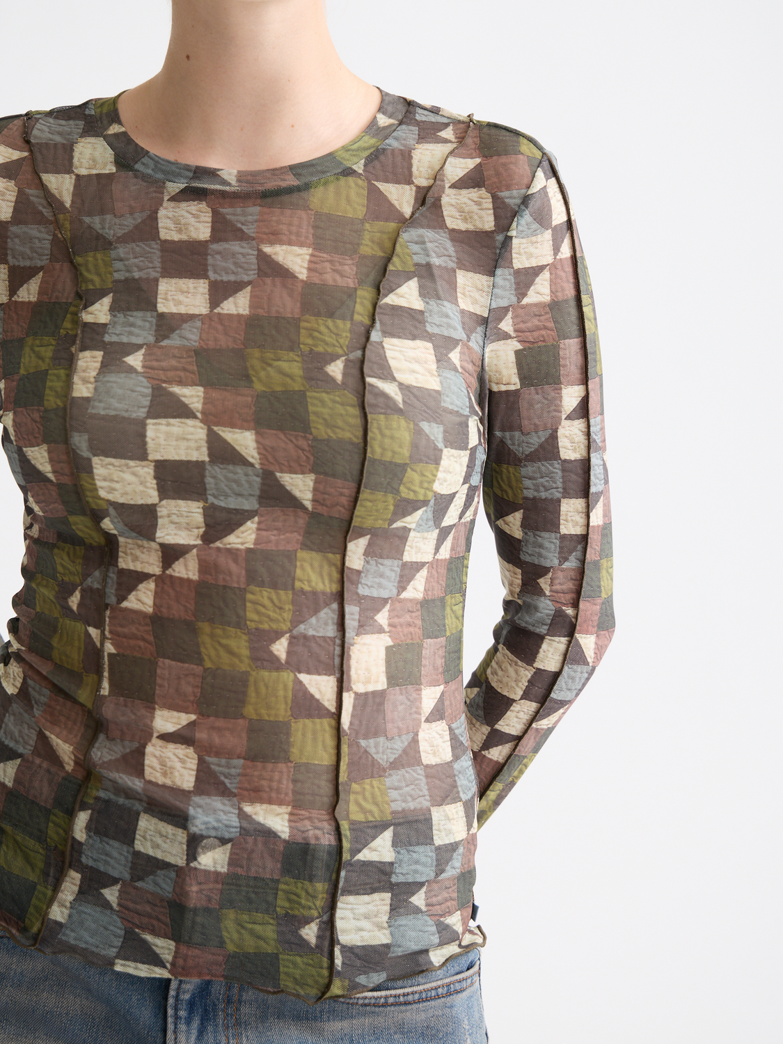 Print mesh long sleeve top