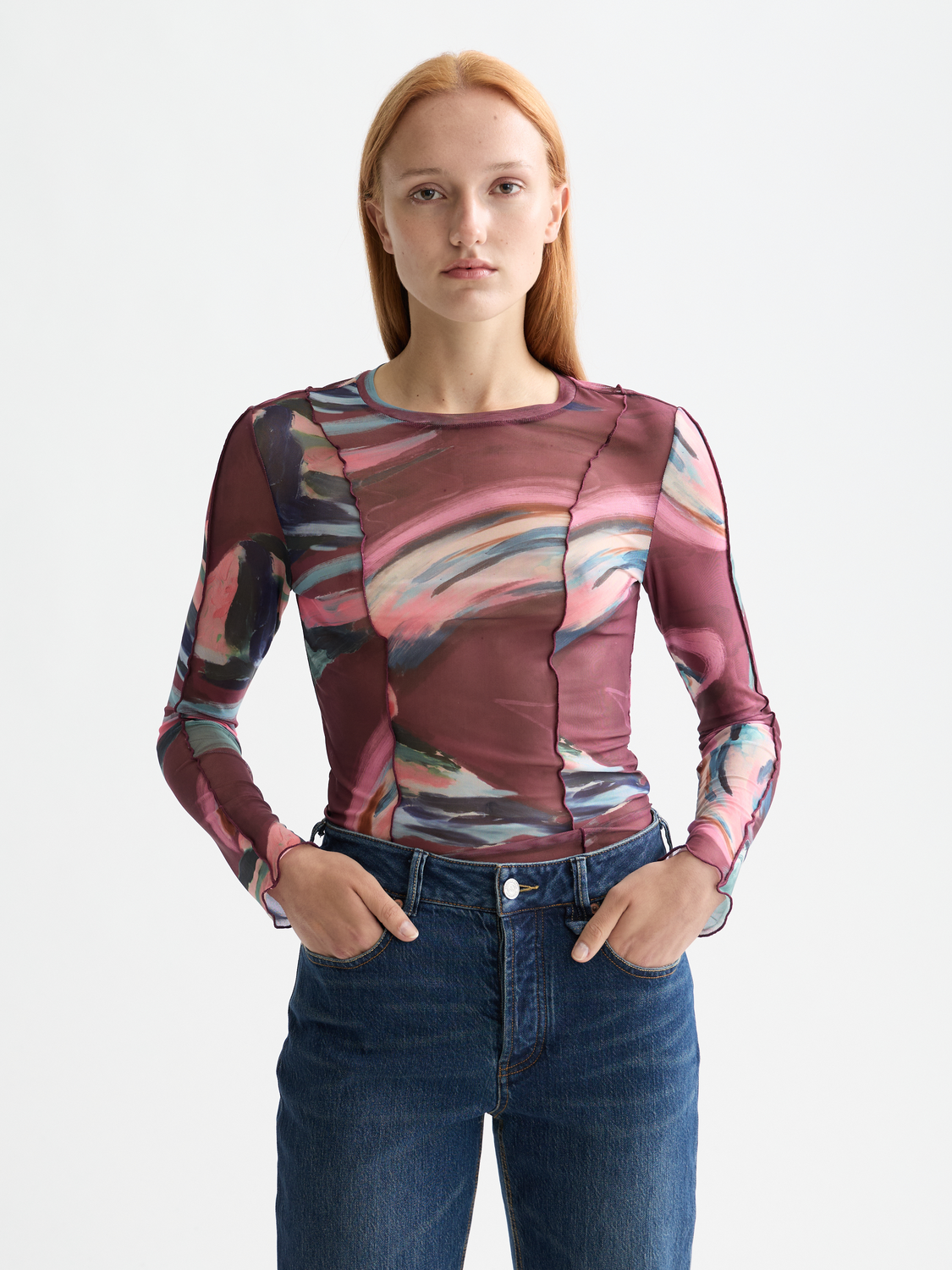 All over printed mesh long sleeve T-shirt