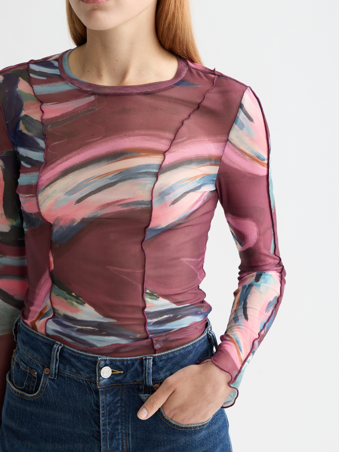 All over printed mesh long sleeve T-shirt