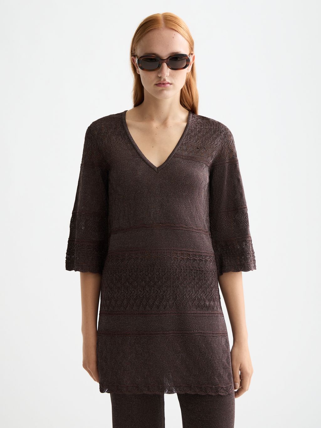 Metallic pointelle pullover