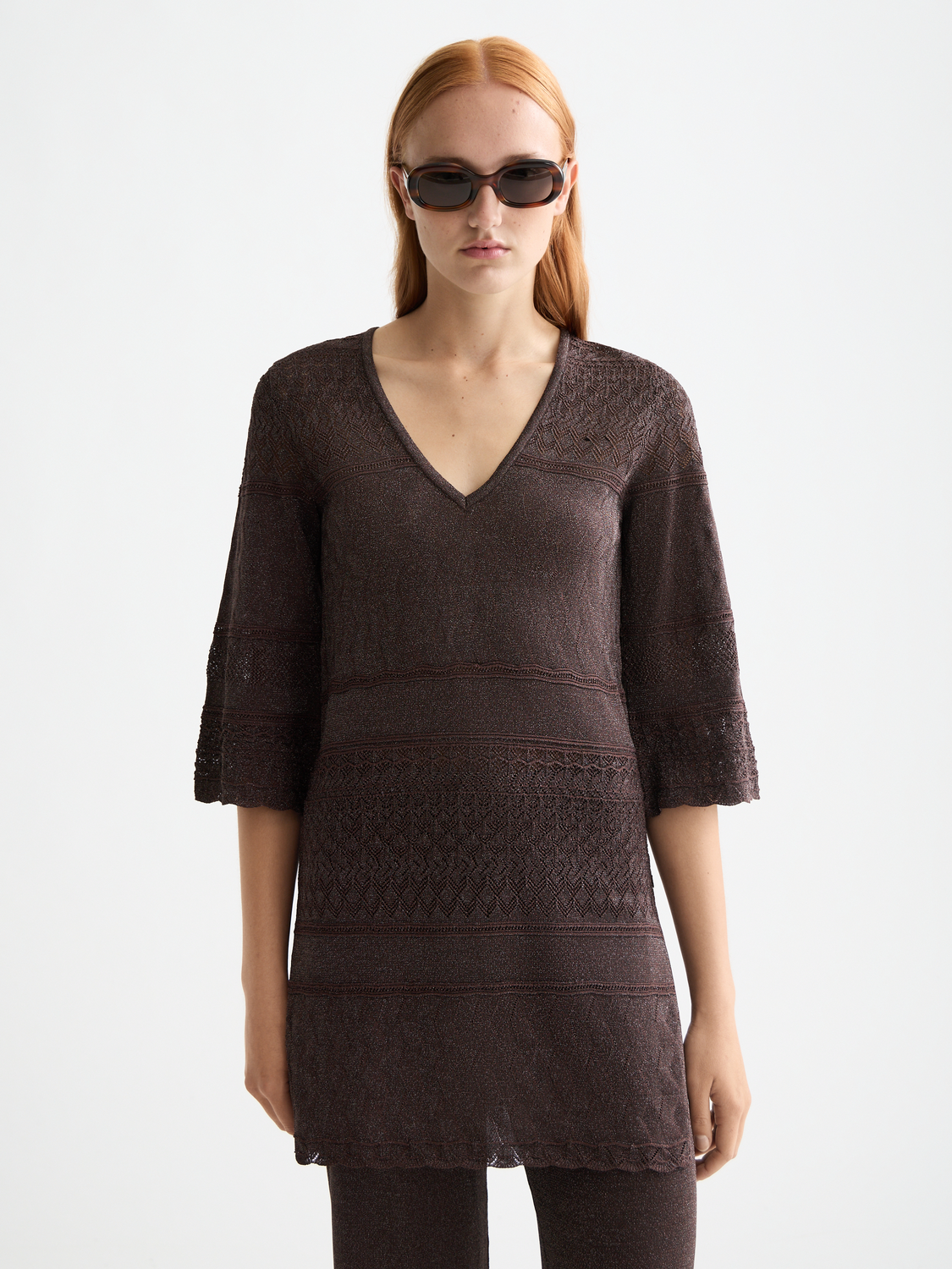 Metallic pointelle pullover