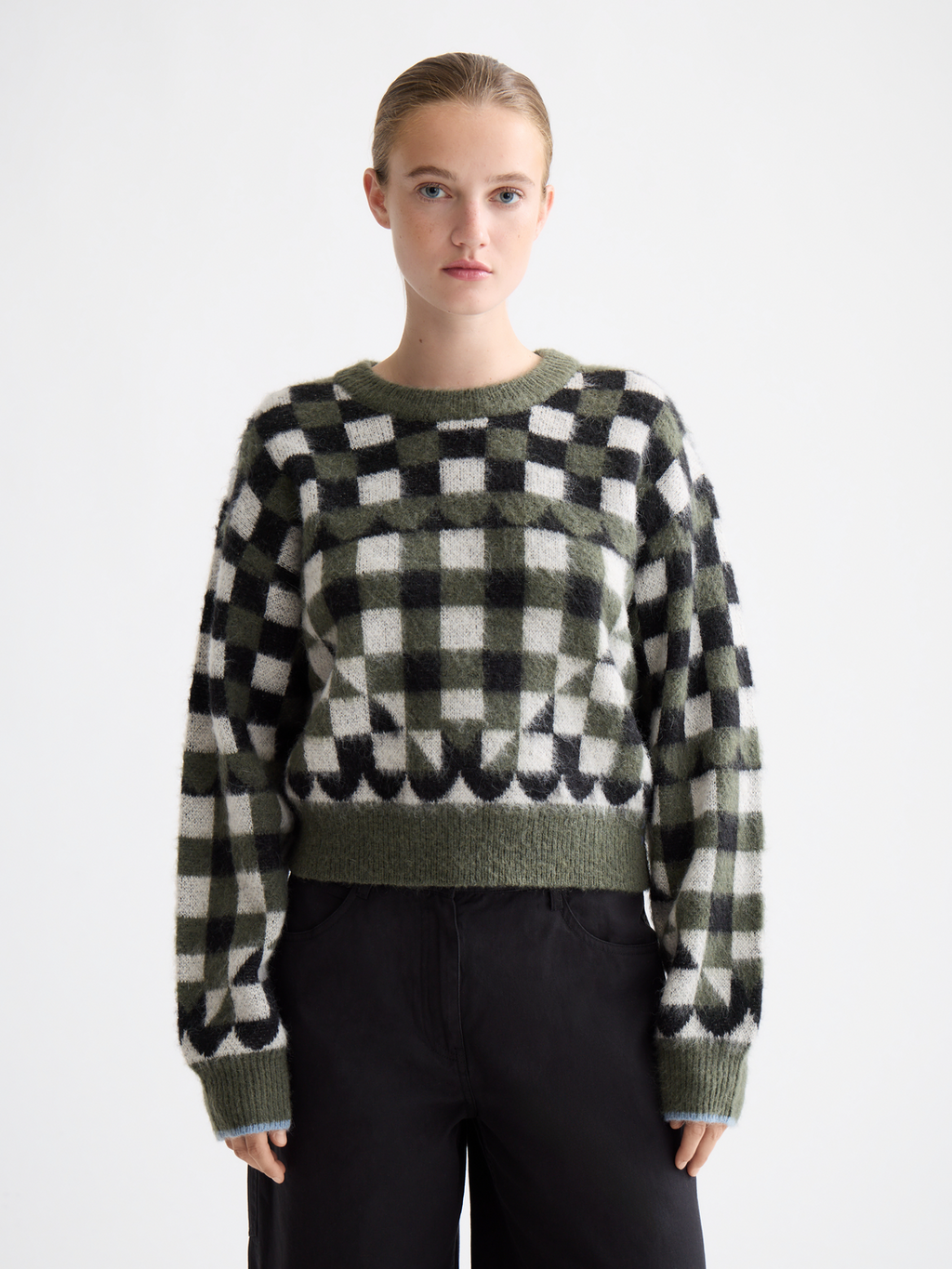Fuzzy jacquard pullover