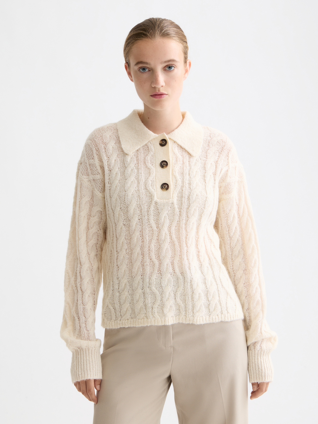 Cable stitch polo neck pullover