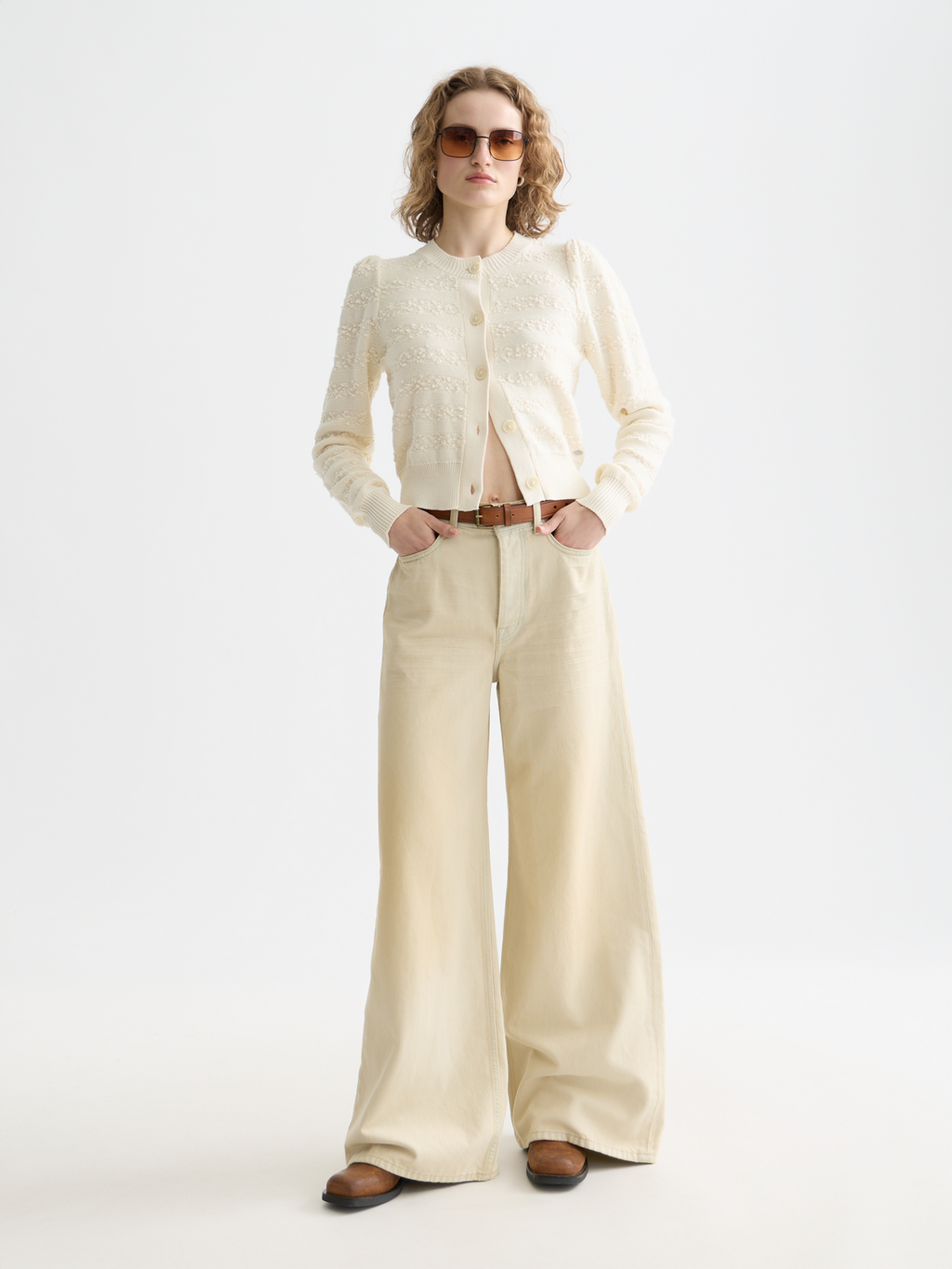 Bouclé stripe crew neck cardigan