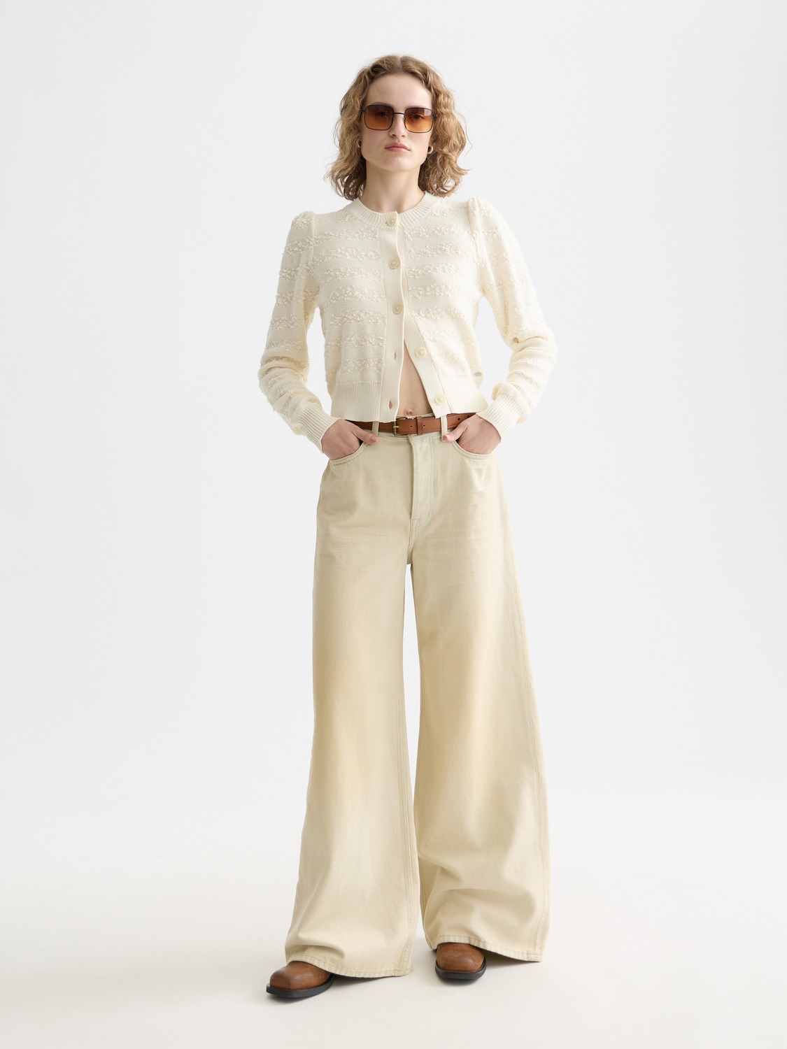 Bouclé stripe crew neck cardigan