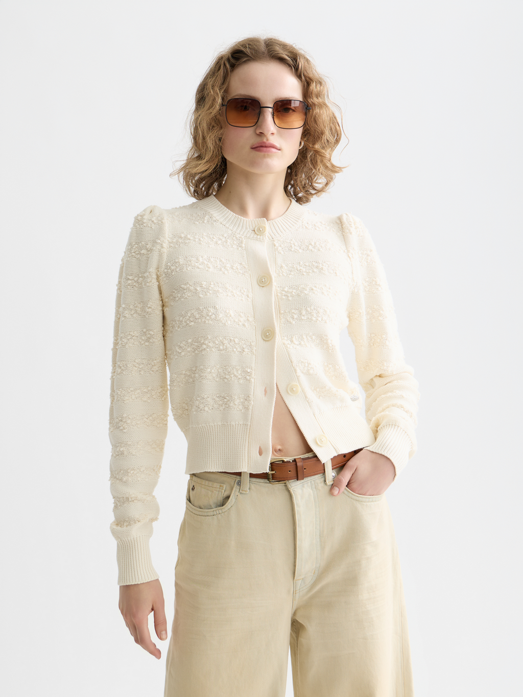 Bouclé stripe crew neck cardigan