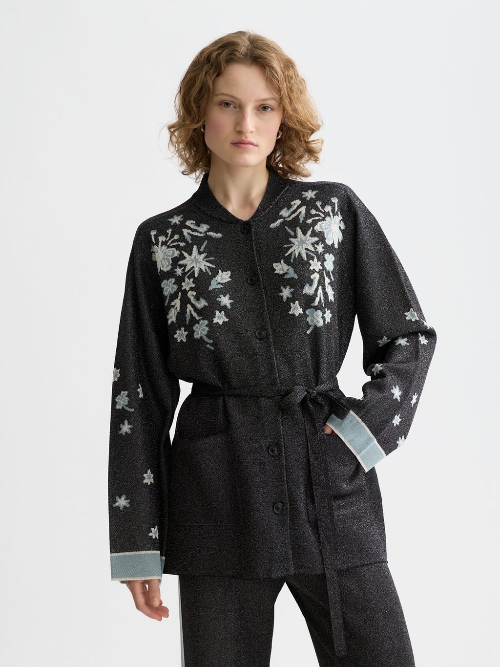 Jacquard belted knitted jacket