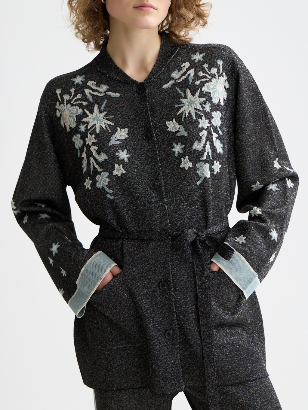 Jacquard belted knitted jacket