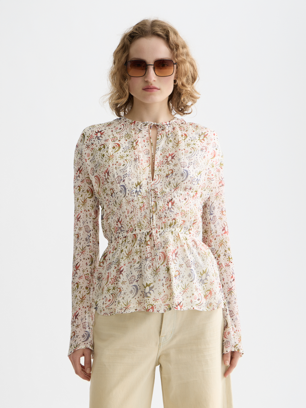 Printed Tie-Neck Woven Top