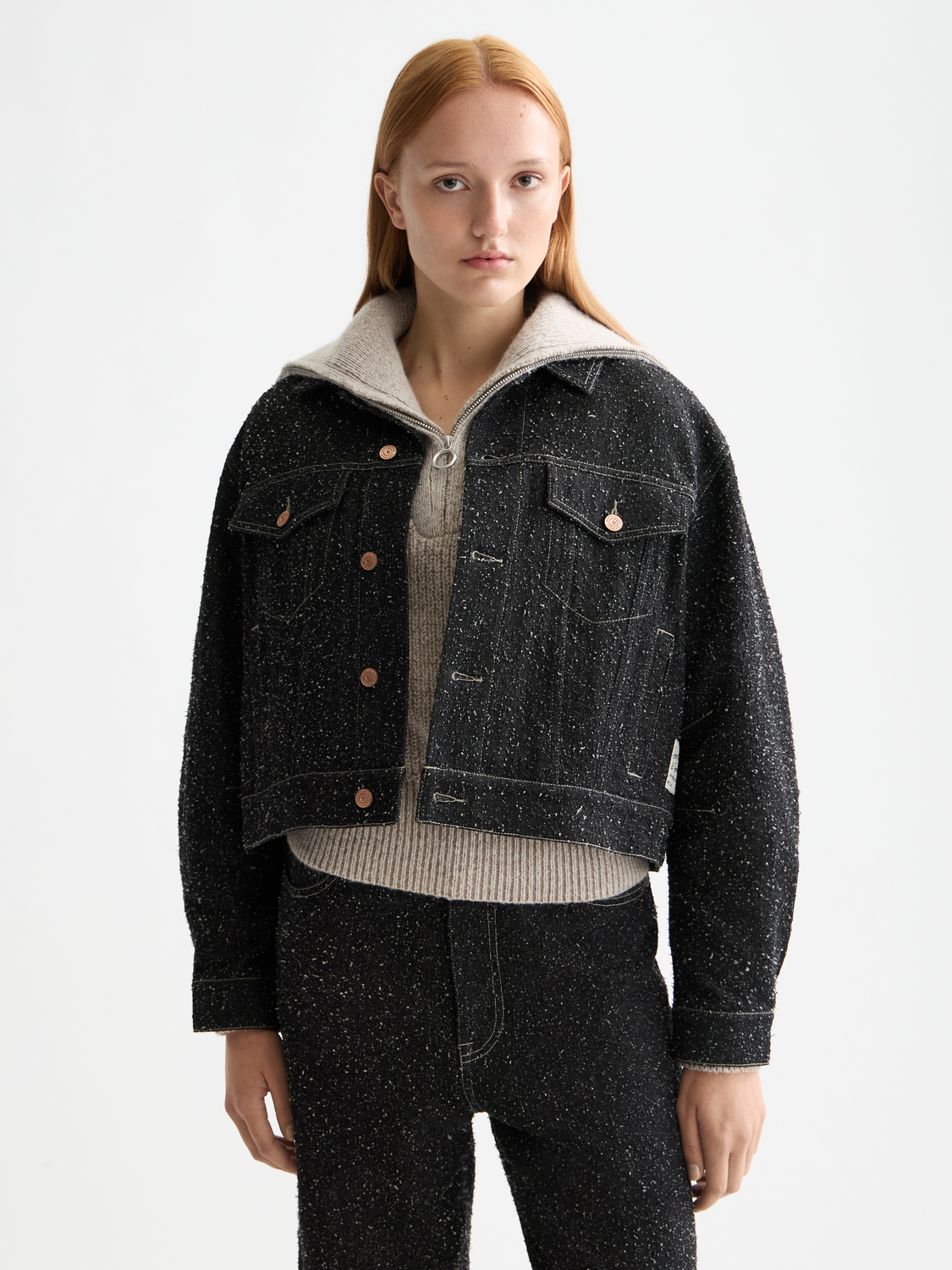 Black denim textured oversized jacket