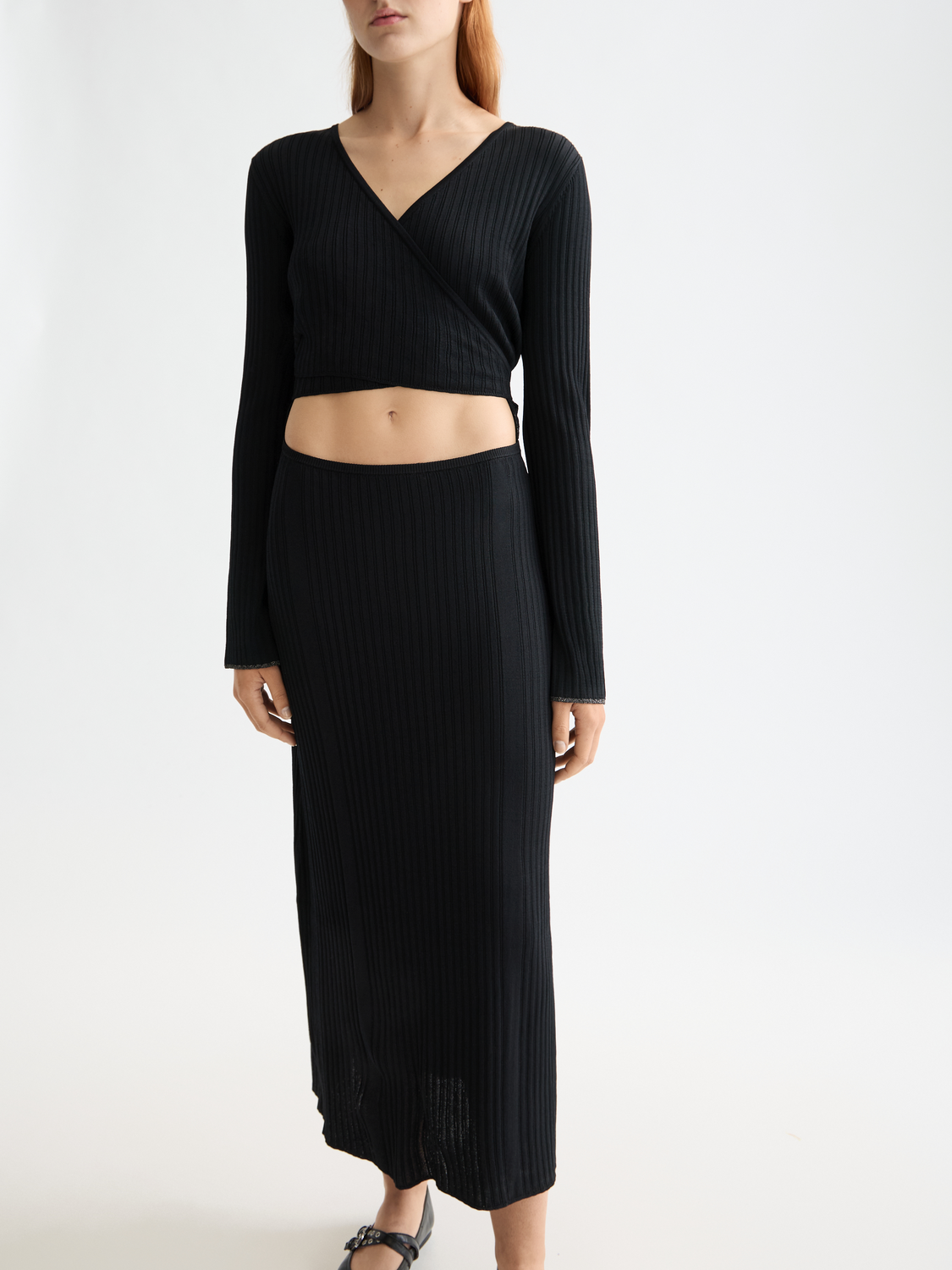 Skinny rib knitted wrap dress