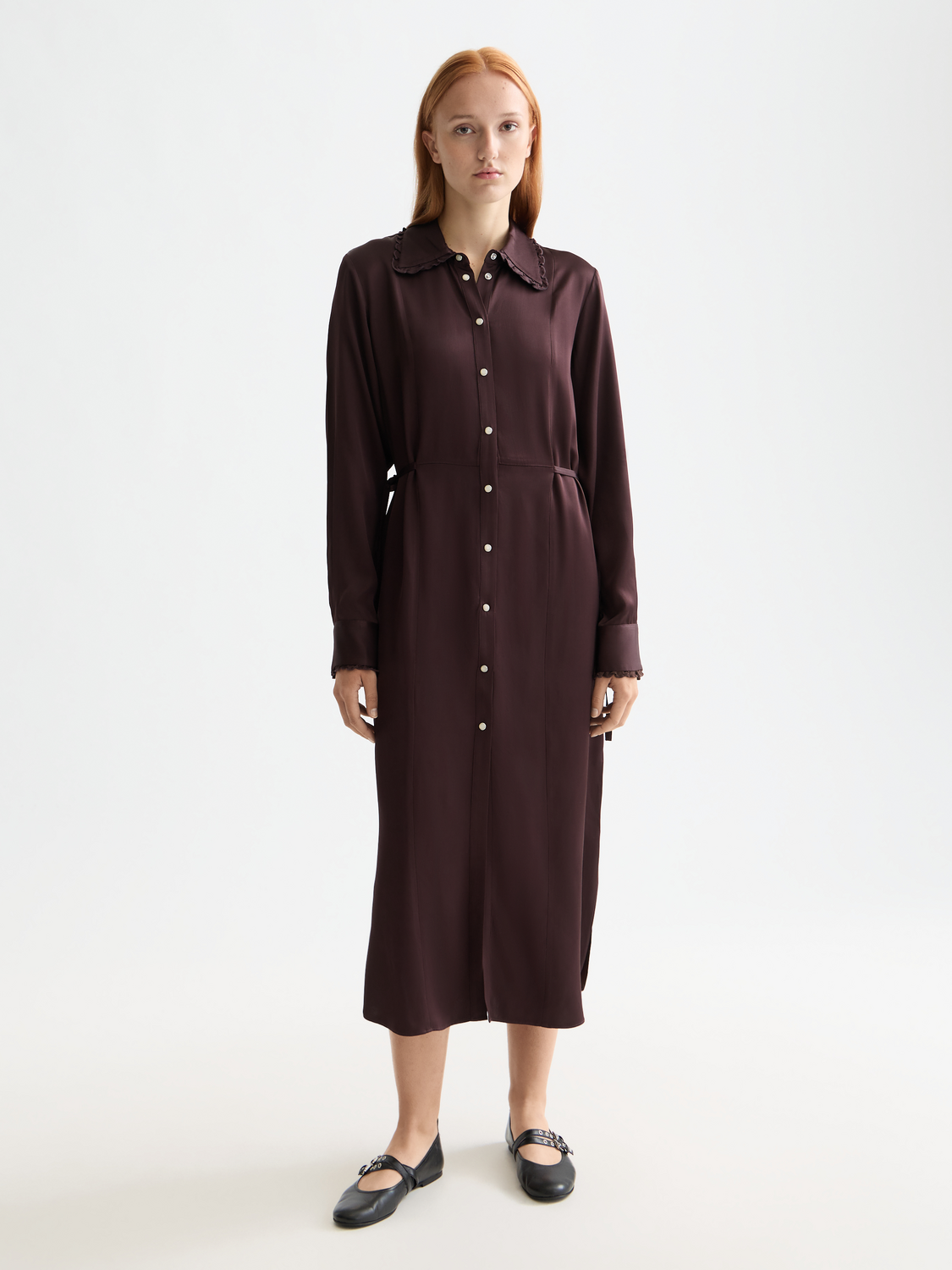 Midi shirt dress with tied waist and ruffles