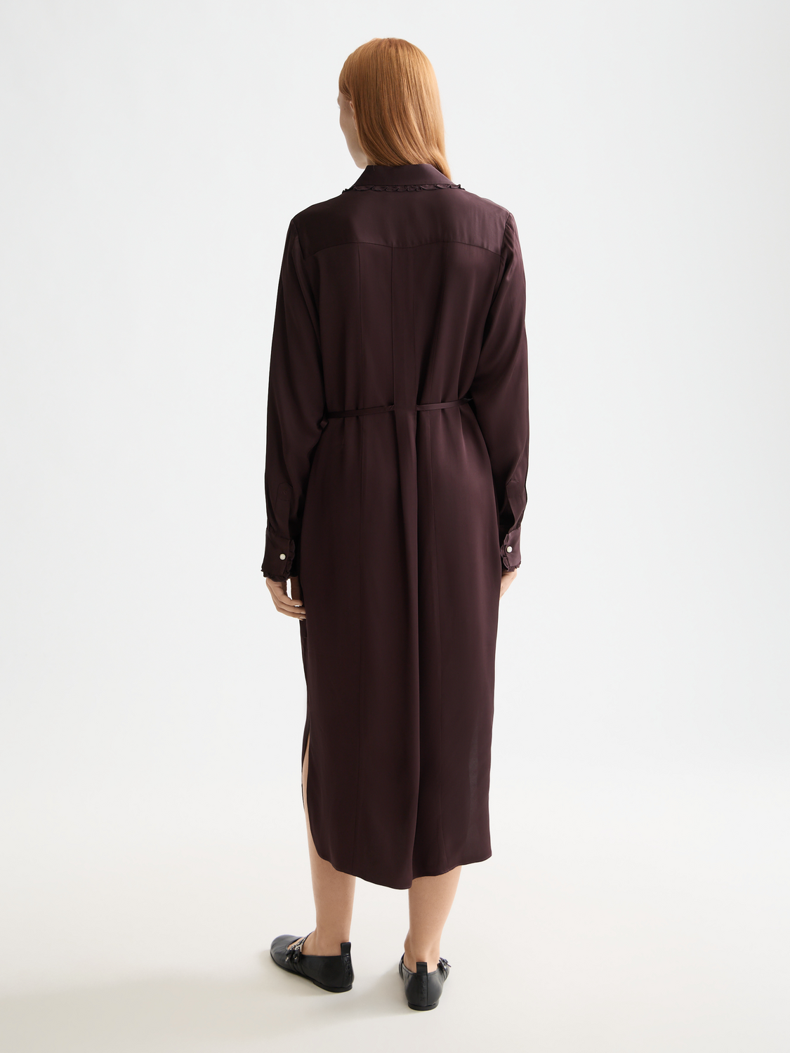 Midi shirt dress with tied waist and ruffles