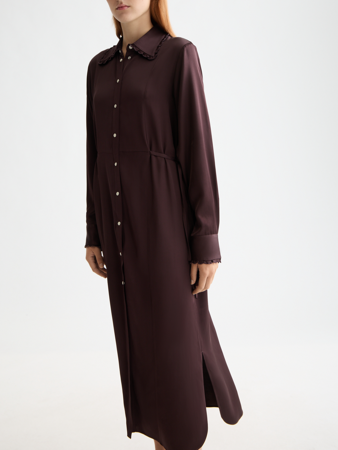 Midi shirt dress with tied waist and ruffles
