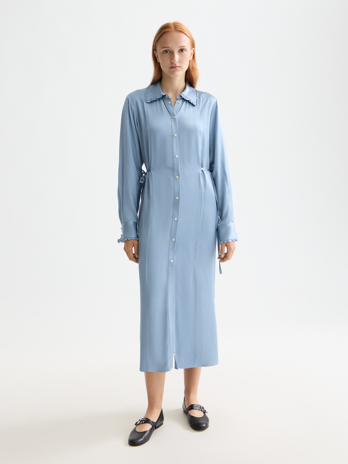 Midi shirt dress with tied waist and ruffles