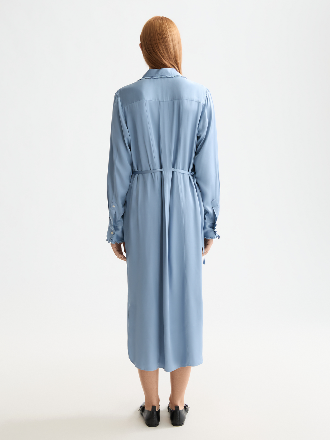 Midi shirt dress with tied waist and ruffles