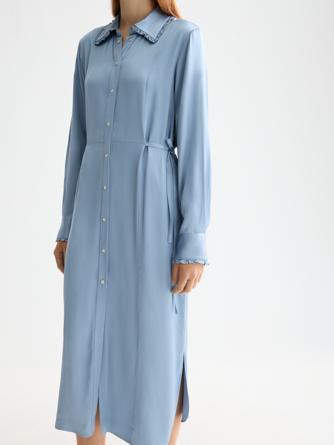 Midi shirt dress with tied waist and ruffles