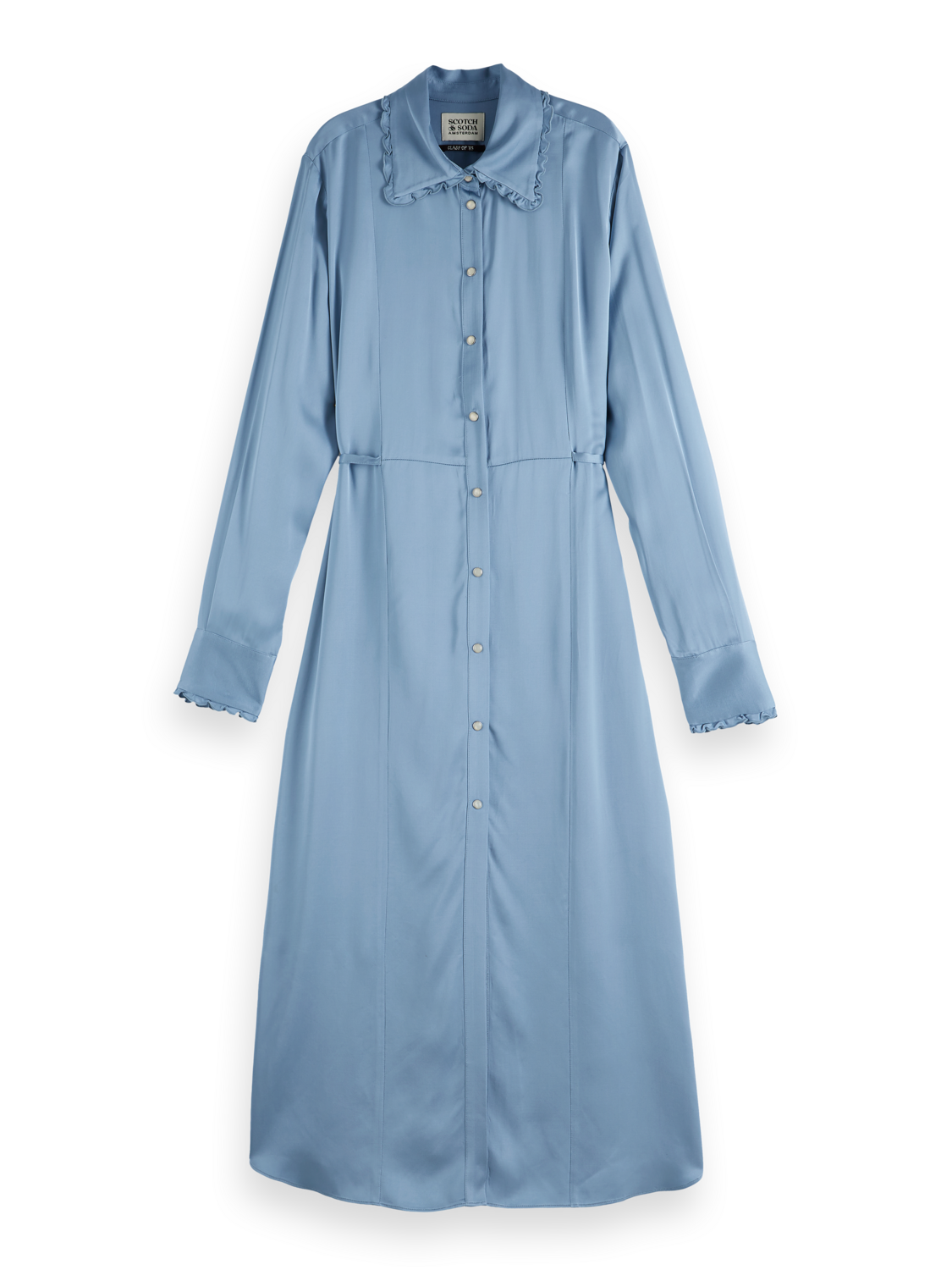 Midi shirt dress with tied waist and ruffles