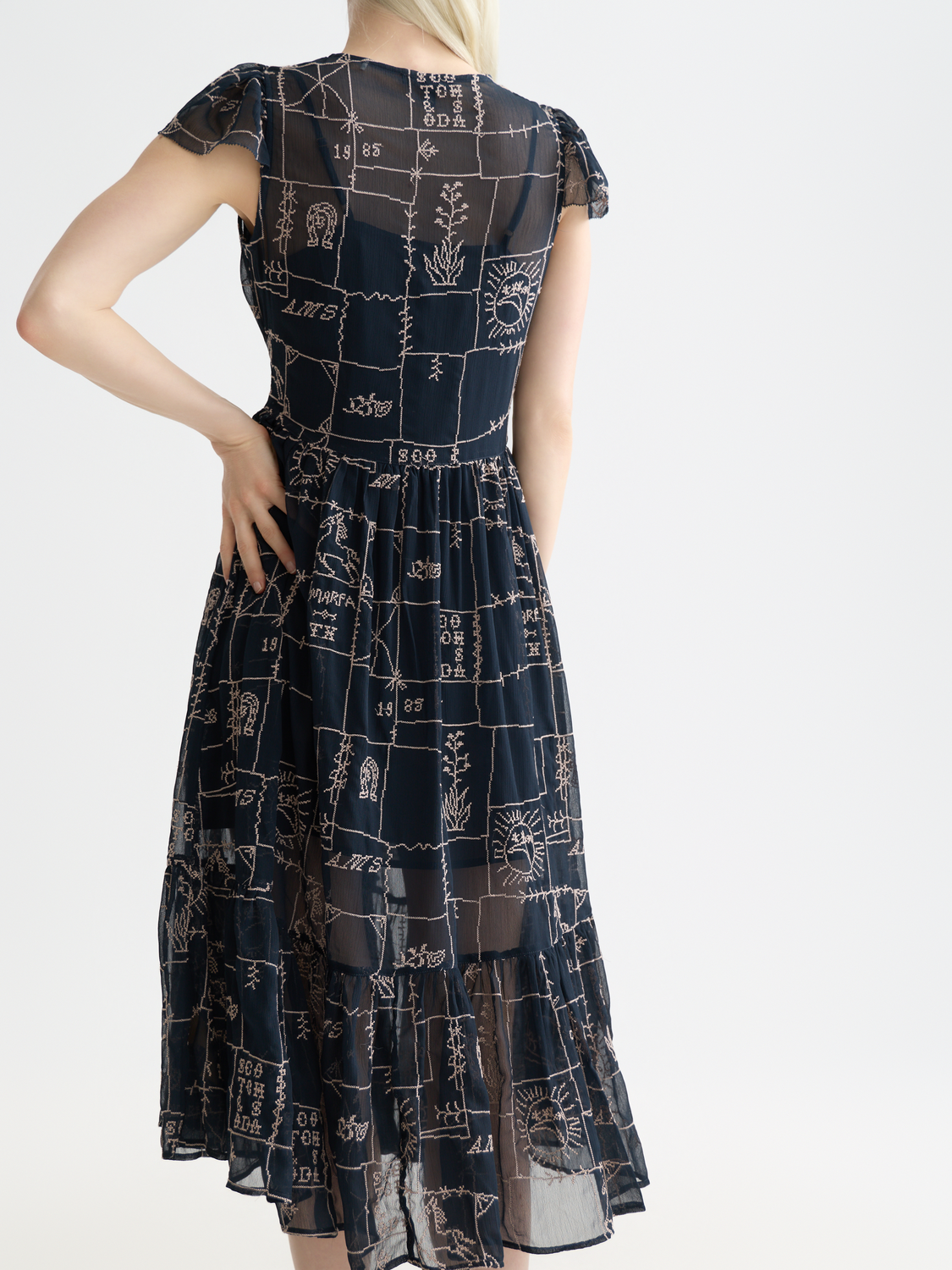 Cross-stitch embroidered midi dress