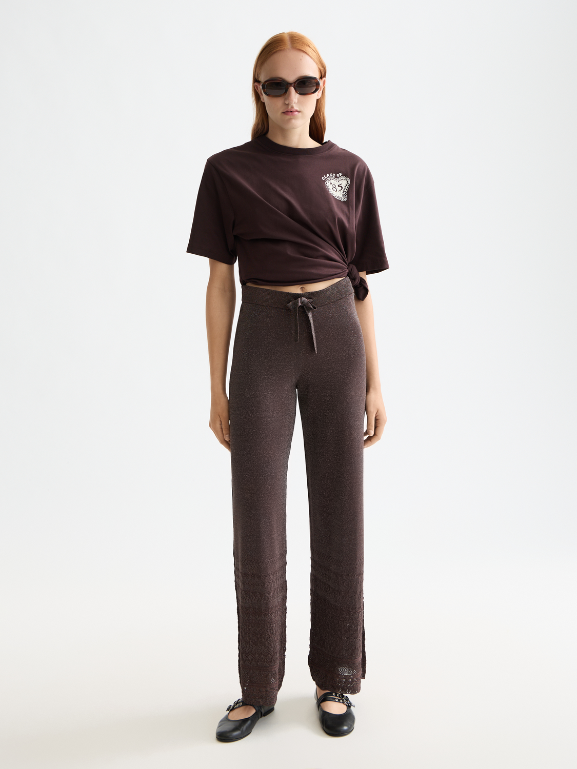 Metallic pointelle knitted trouser