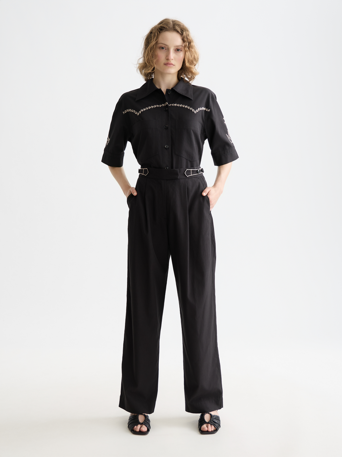 Quinn mid rise wide leg cross-stitched pants