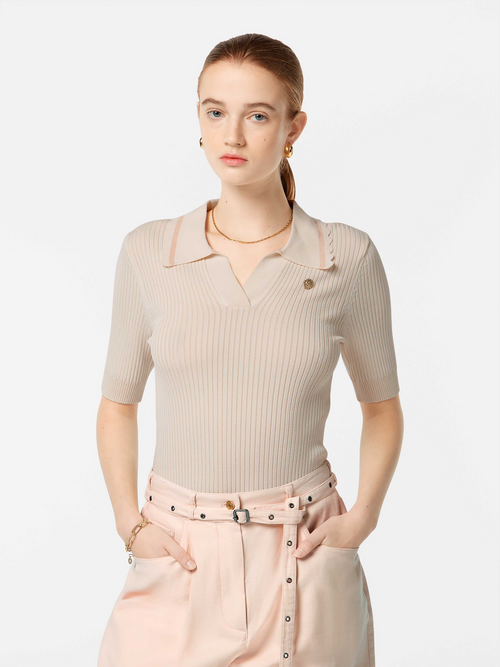 Rib polo neck short sleeve pullover