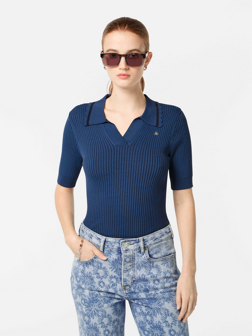 Rib polo neck short sleeve pullover