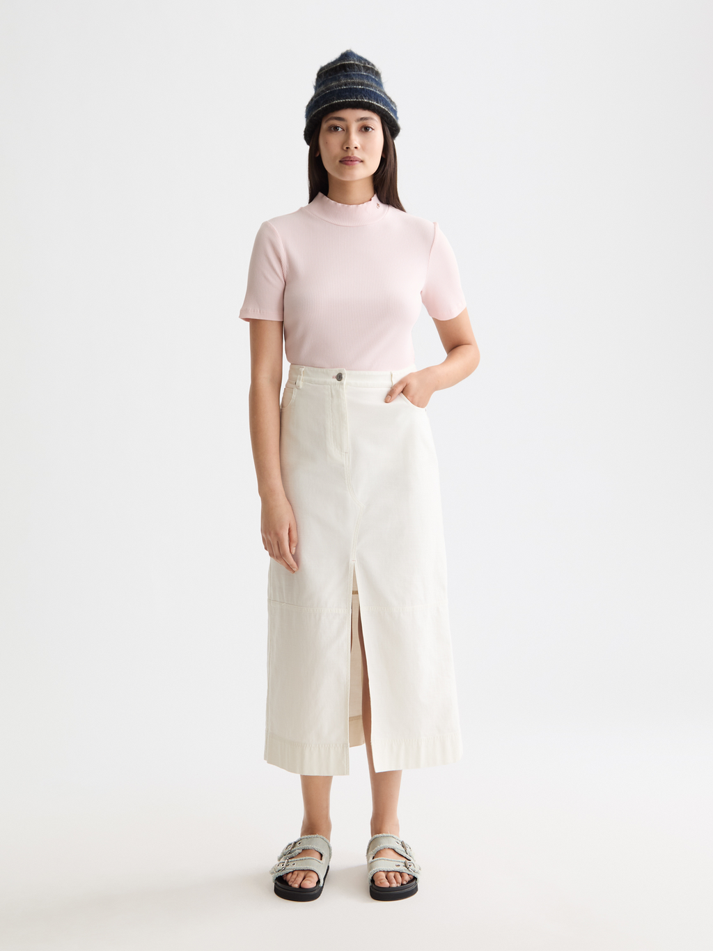 Mock neck rib T-shirt