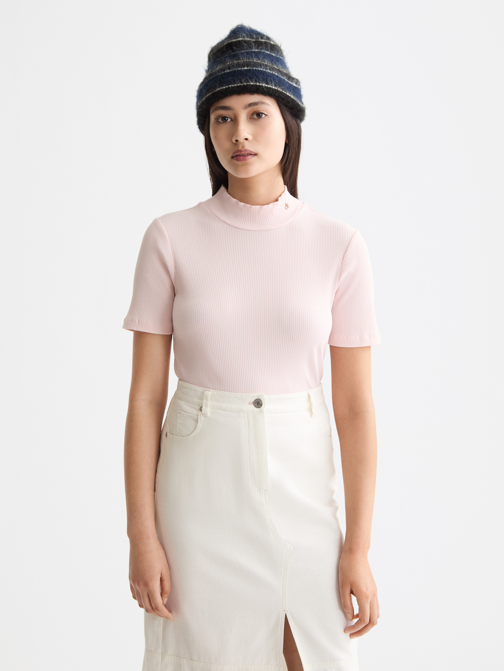 Mock neck rib T-shirt