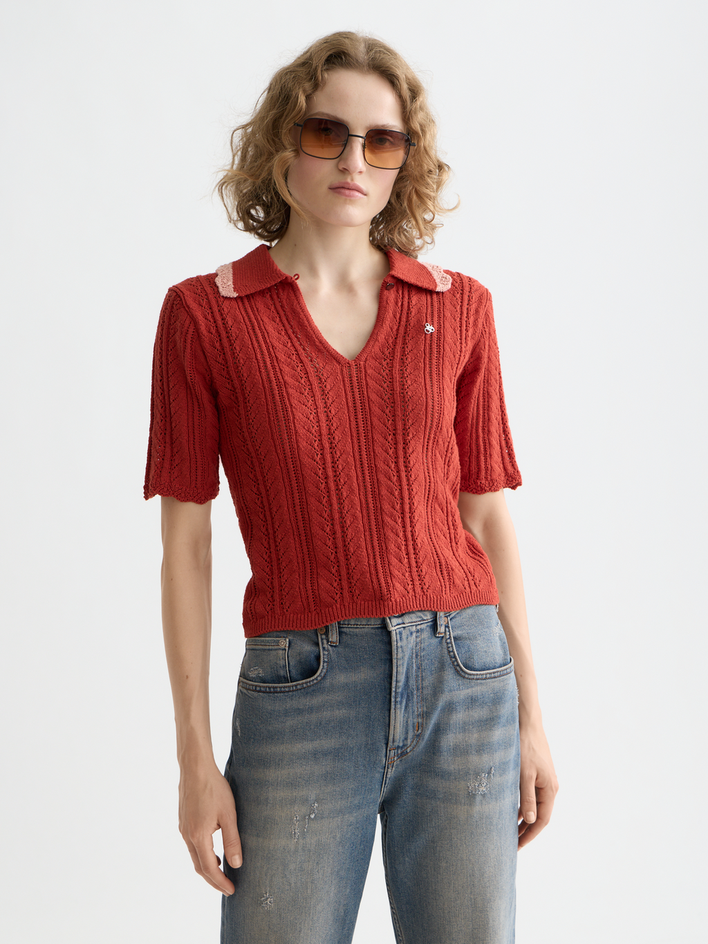 Pointelle collared knitted polo