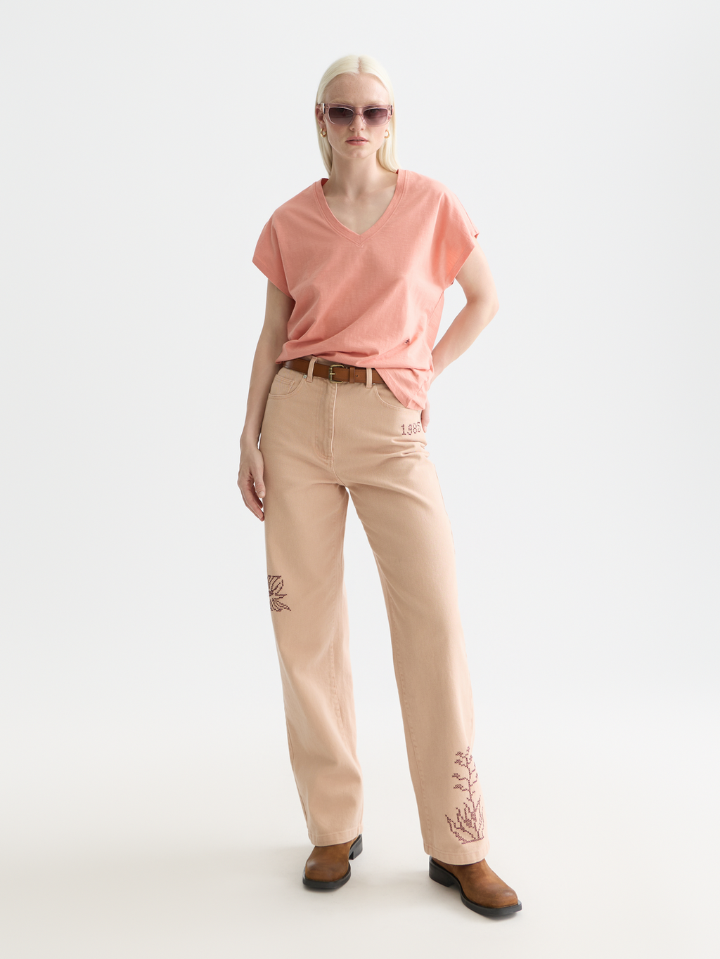 V-neck T-shirt with ampersand embroidery