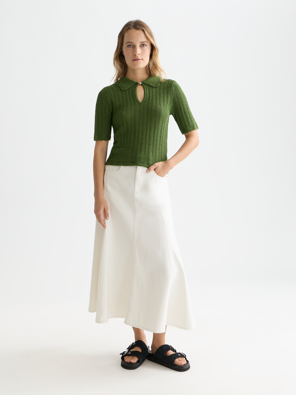 Pointelle collared knitted top