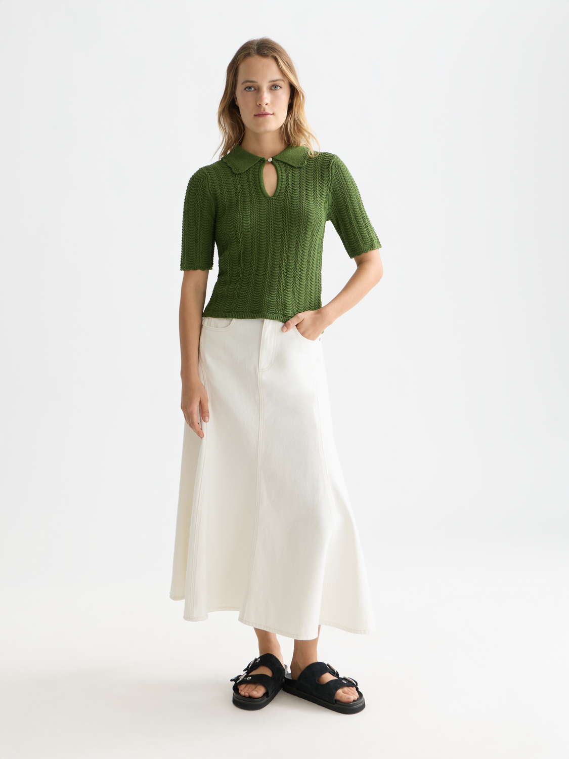 Pointelle collared knitted top