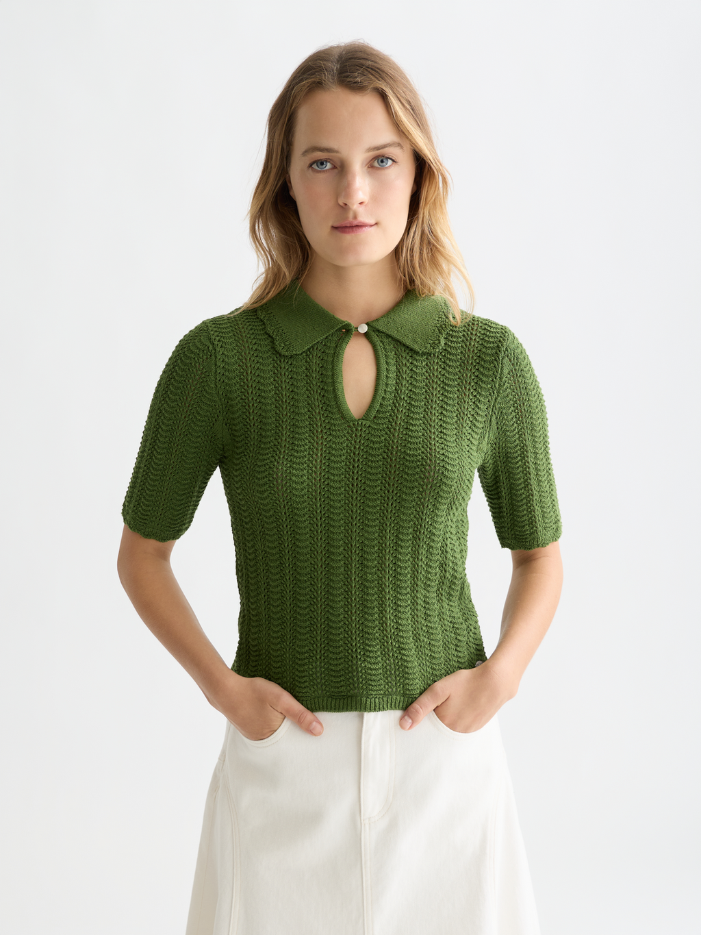 Pointelle collared knitted top