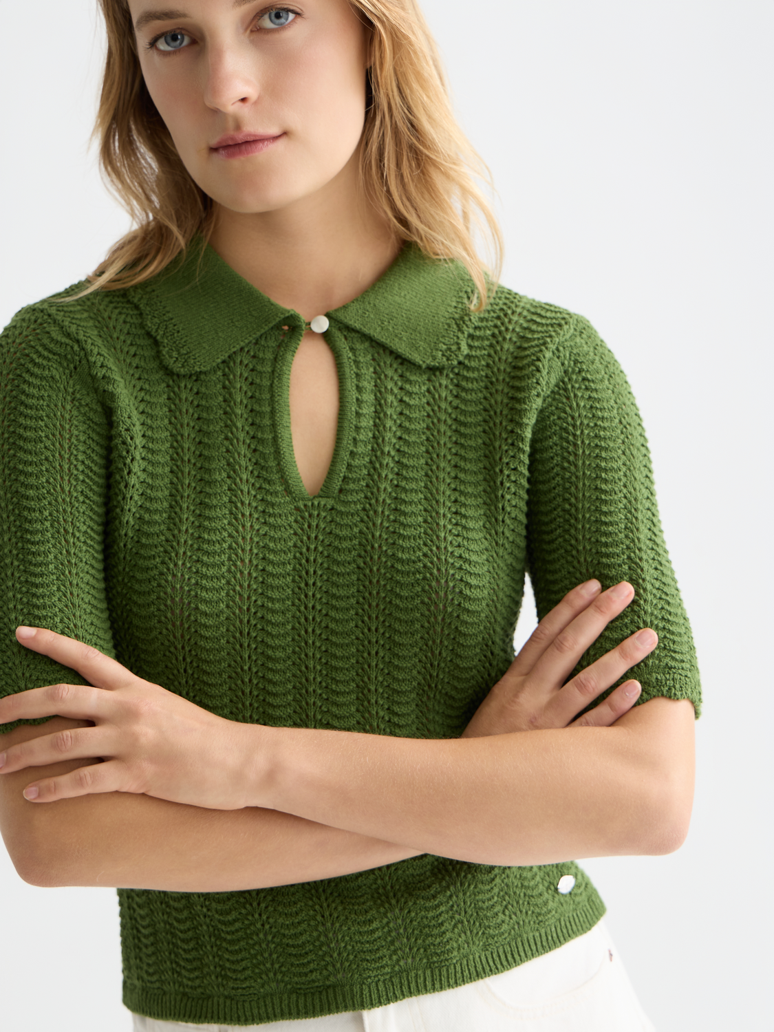 Pointelle collared knitted top