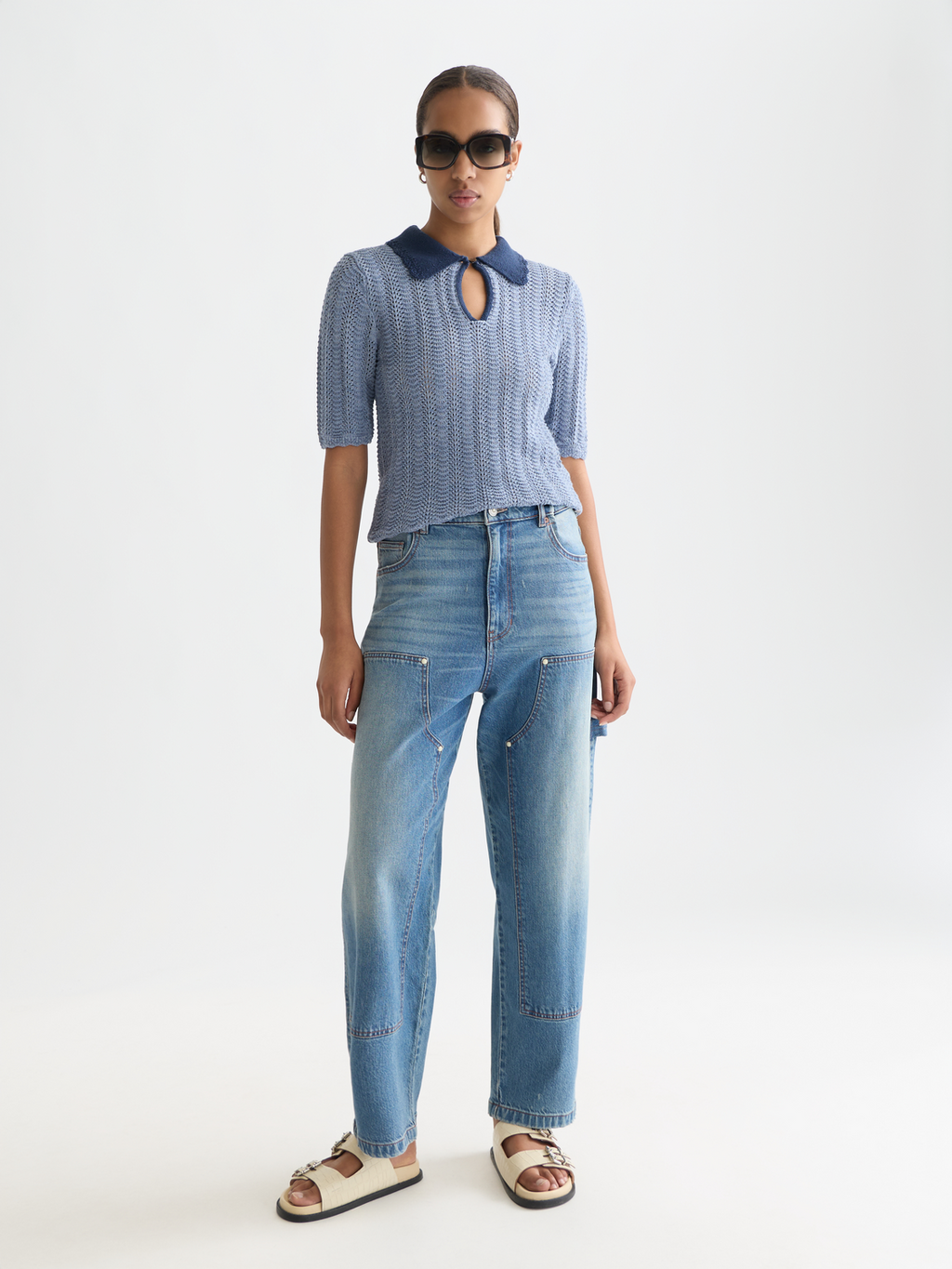 Pointelle collared knitted top