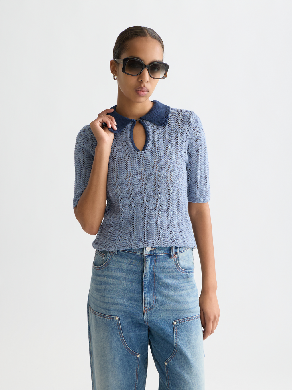 Pointelle collared knitted top