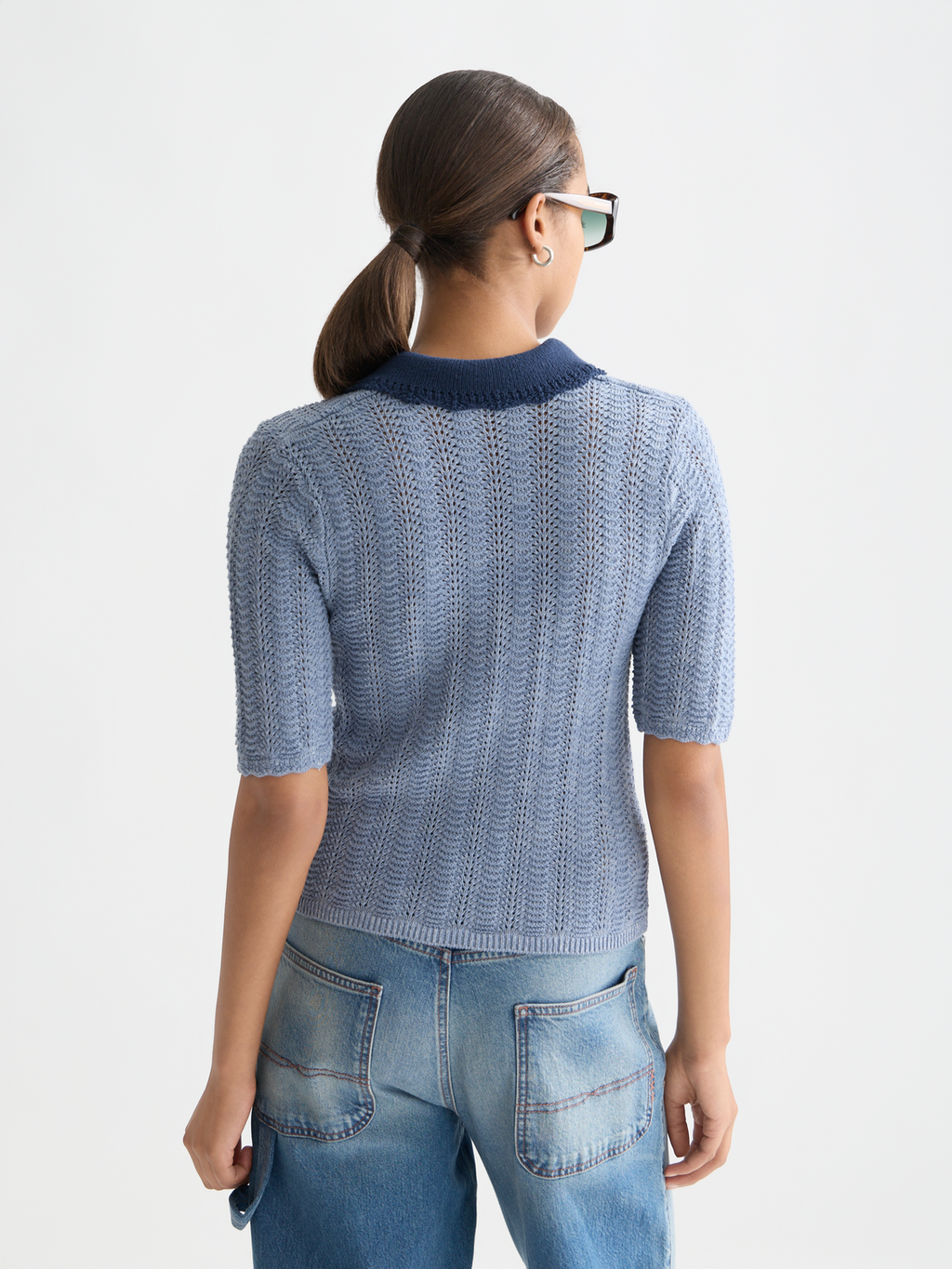 Pointelle collared knitted top