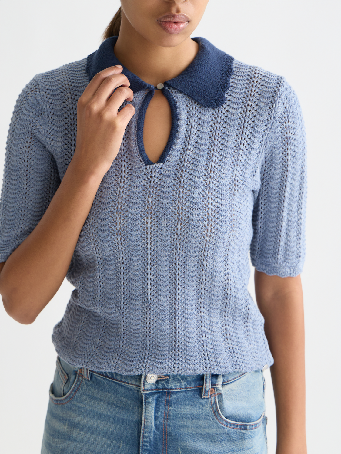 Pointelle collared knitted top