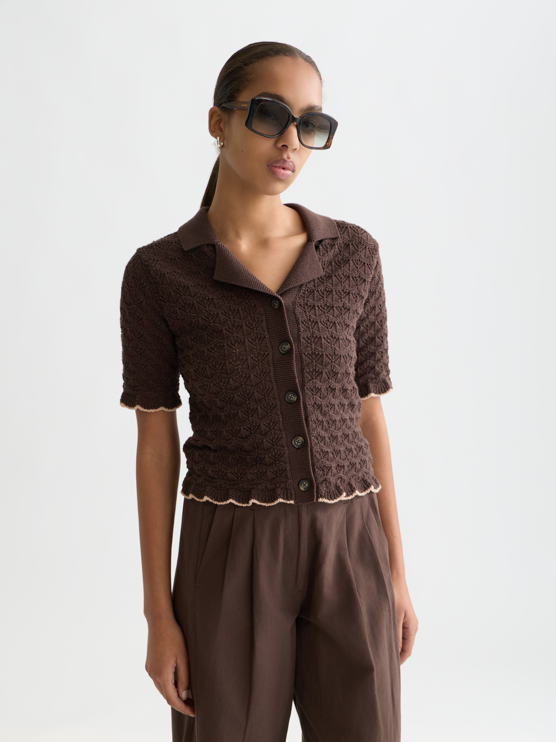 Pointelle short sleeve cardigan