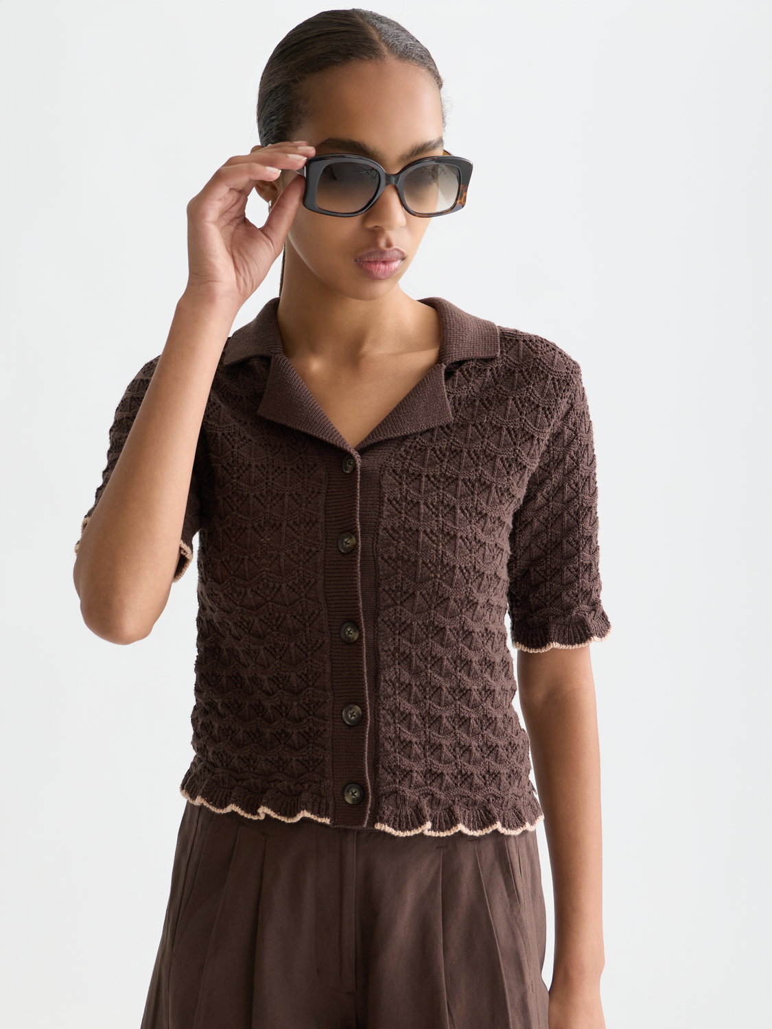 Pointelle short sleeve cardigan