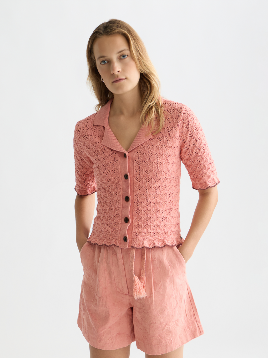 Pointelle short sleeve cardigan