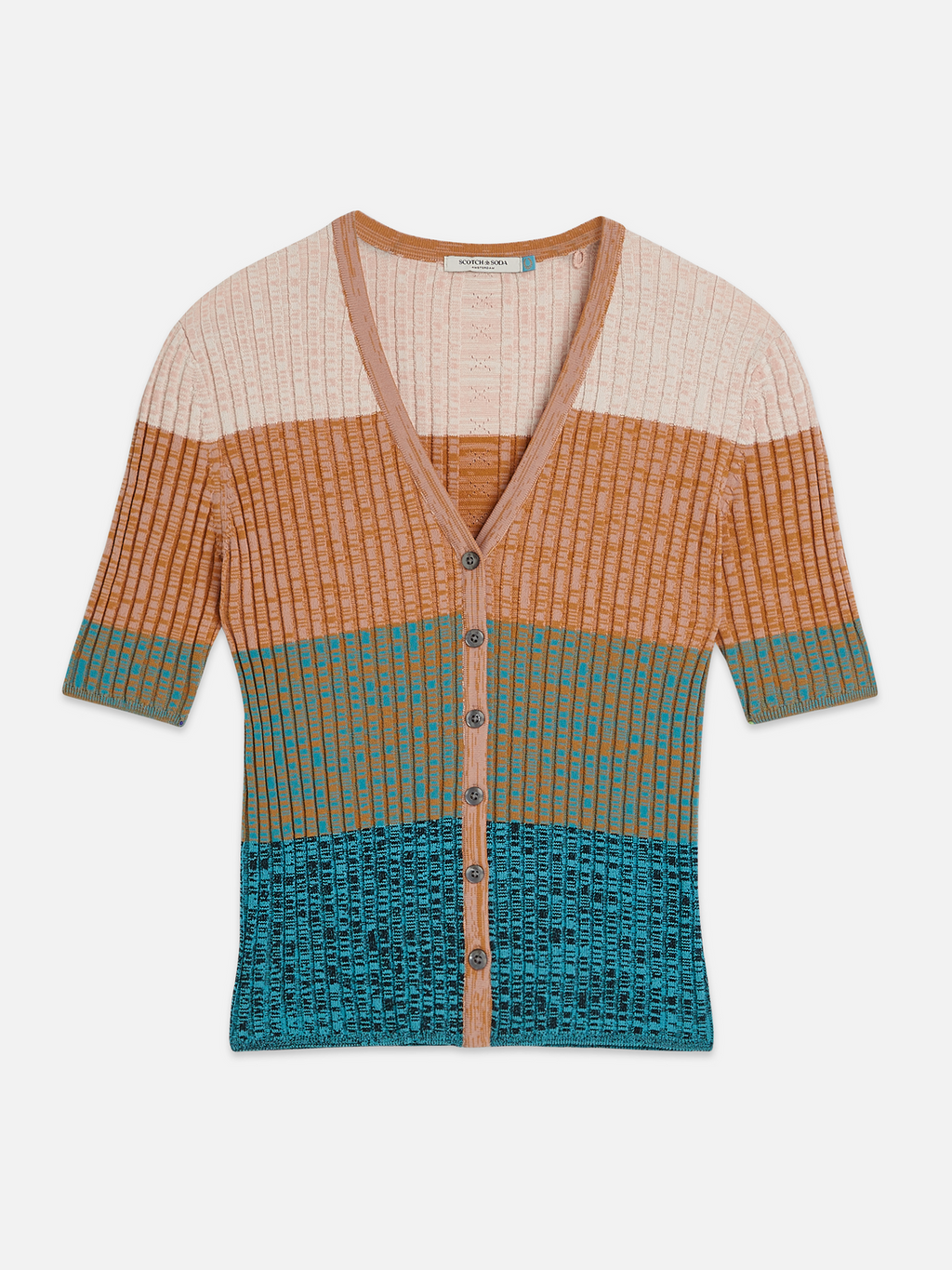 Block stripe ribbed short sleeve cardigan