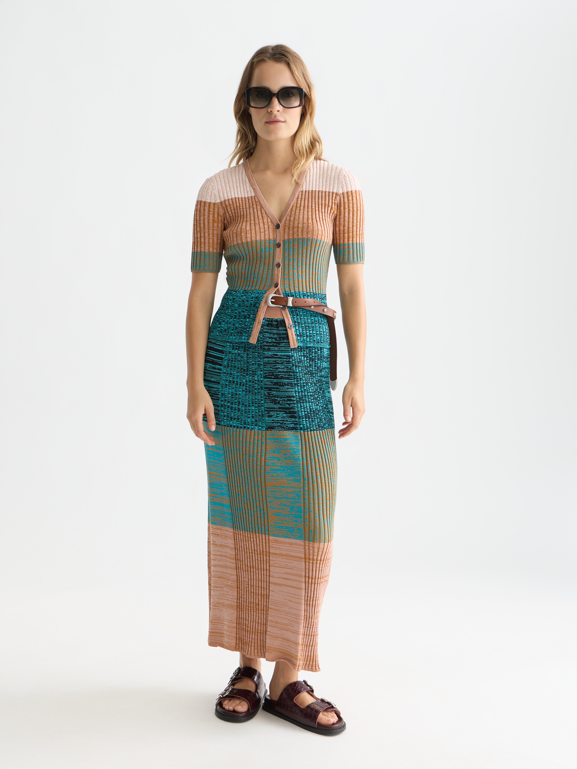 Block stripe ribbed short sleeve cardigan