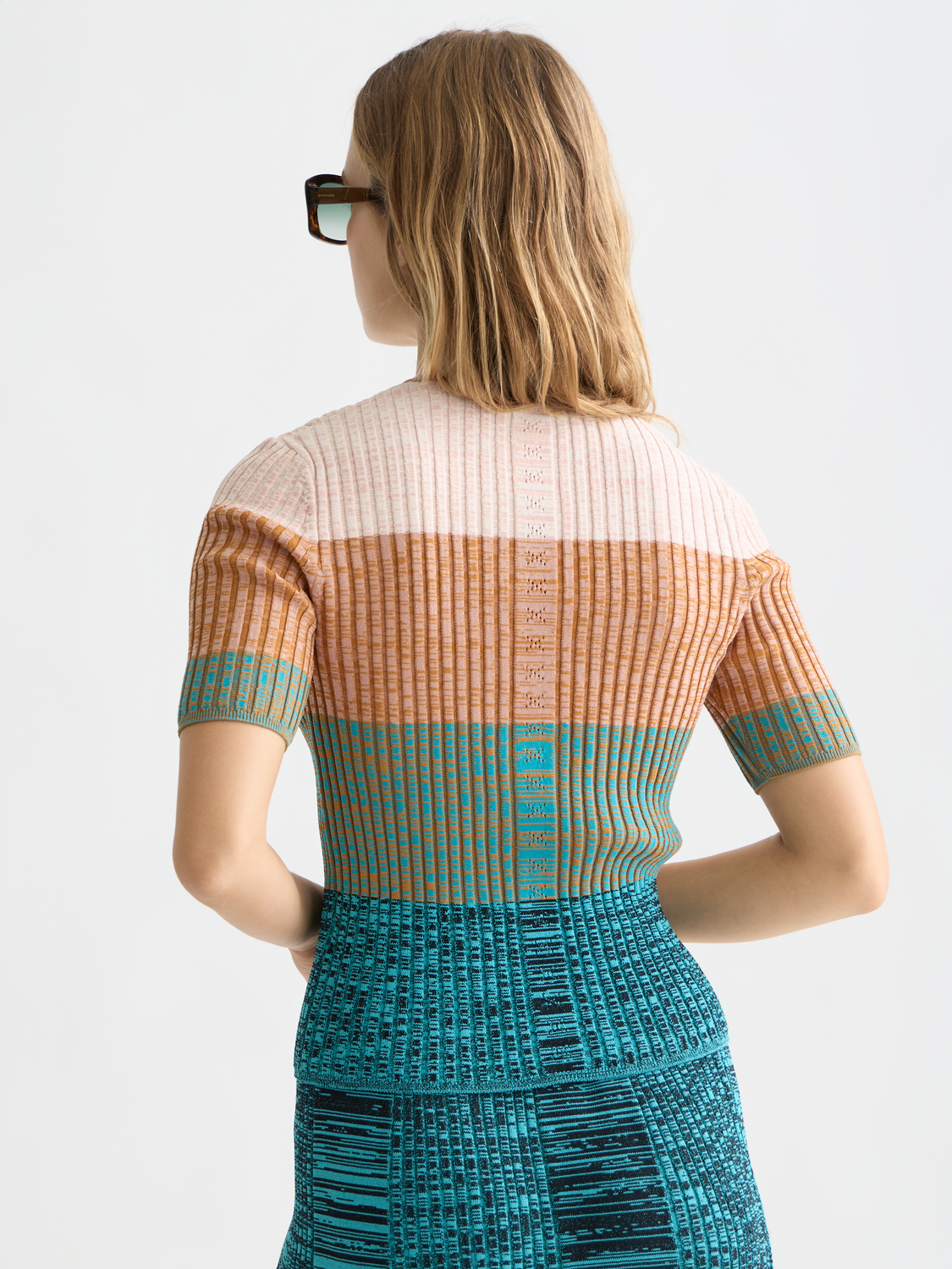 Block stripe ribbed short sleeve cardigan