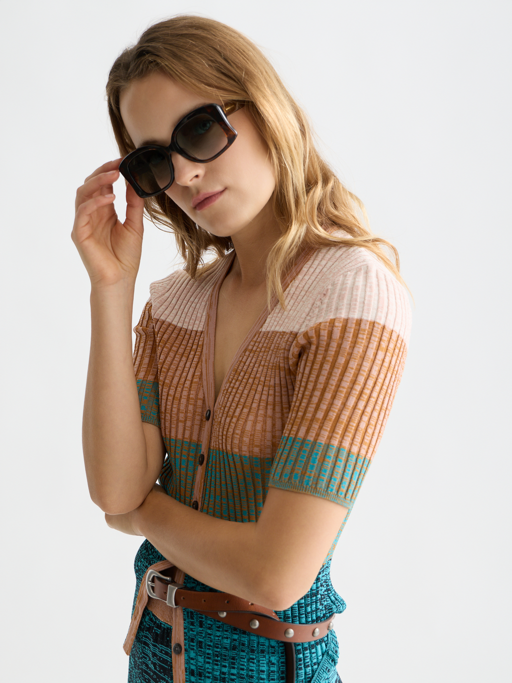 Block stripe ribbed short sleeve cardigan