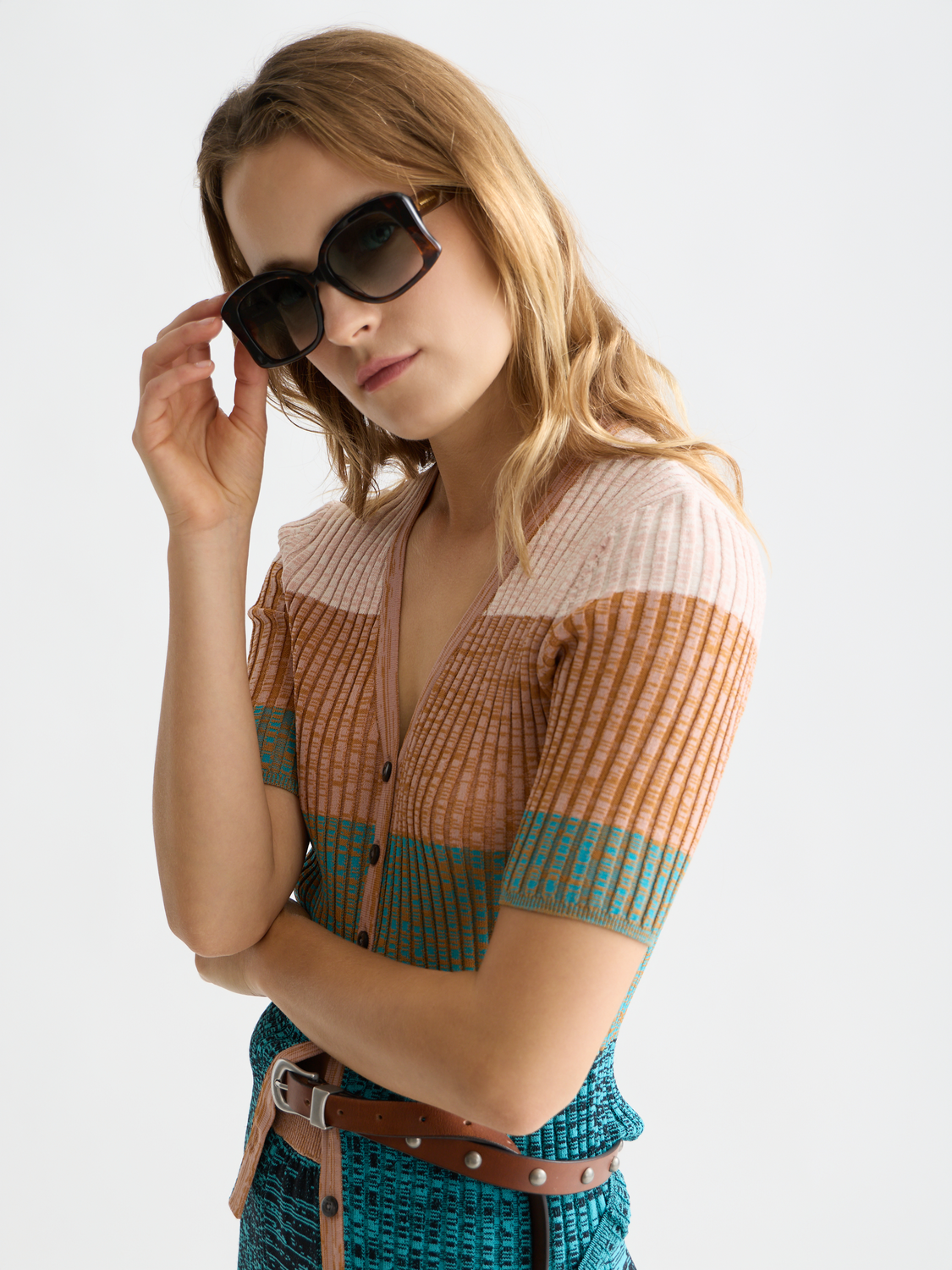 Block stripe ribbed short sleeve cardigan